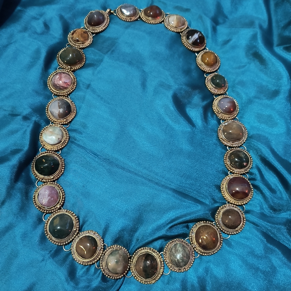 32" Vintage Handmade Silver Southwestern Tribal Smooth Stone Agate Necklace/Belt
